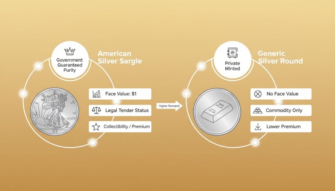 American Silver Eagle versus generic silver round comparison infographic