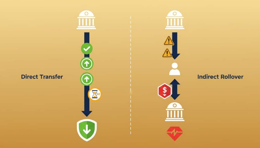 Comparison chart of direct transfer versus indirect rollover for gold IRA