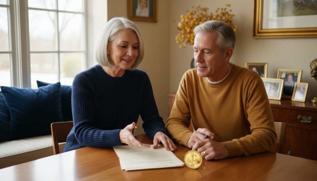 Couple reviewing Gold IRA paperwork with gold coin on table