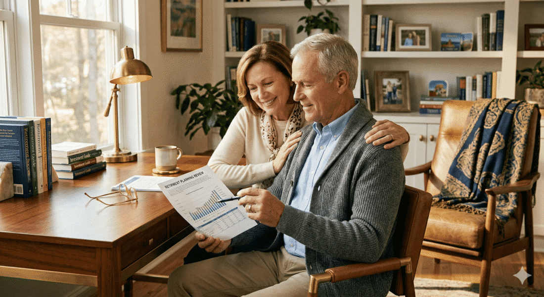 Couple reviewing gold IRA coin selection documents at home