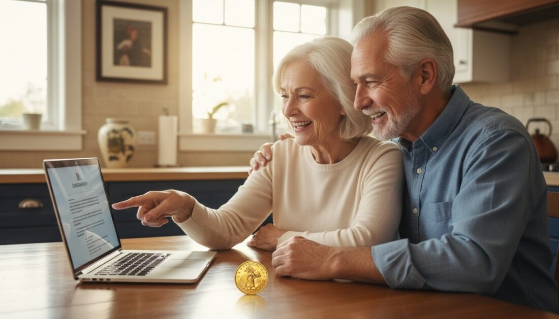 Couple reviewing gold IRA rollover confirmation documents at home