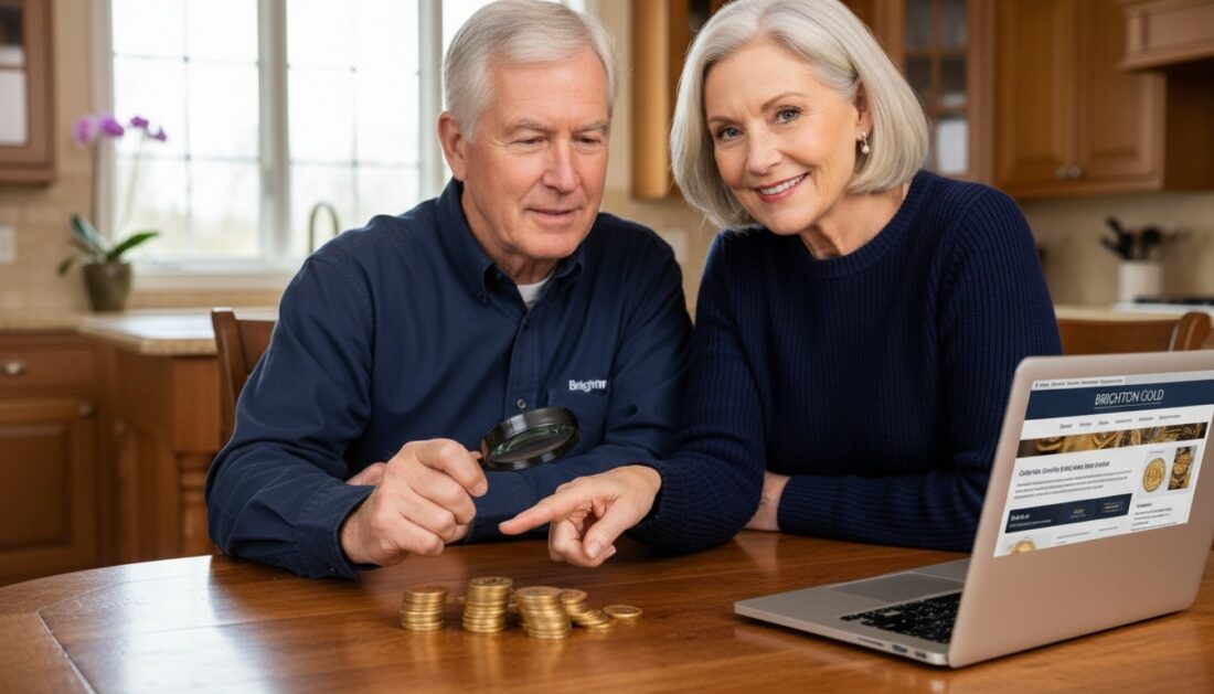 Couple reviewing gold coins after completing IRA transfer process
