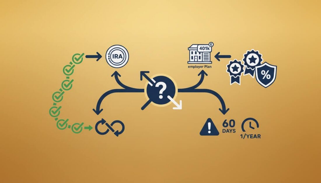 Decision tree diagram showing when to use direct transfer versus rollover for gold IRA funding