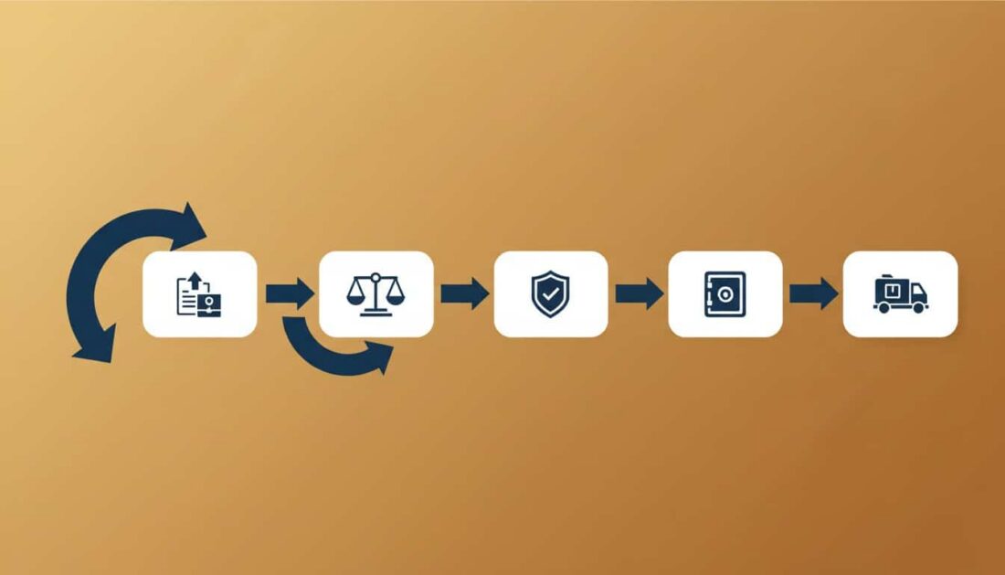 Five step gold IRA physical delivery process flowchart 2026