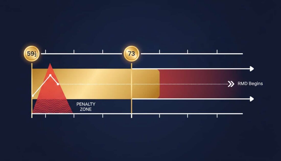 Gold IRA distribution age thresholds timeline showing 59½ and 73 milestones