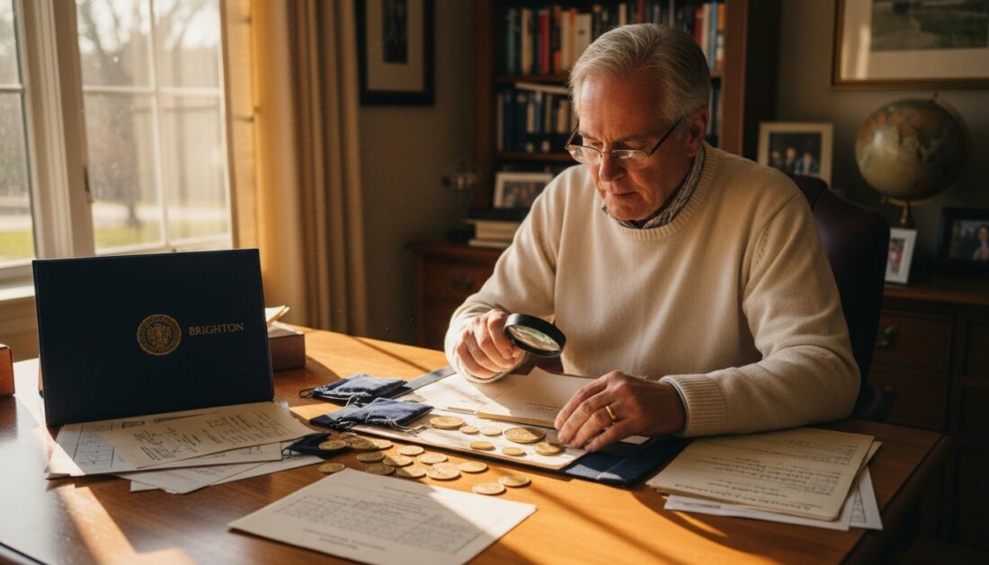 Gold IRA owner reviewing physical gold coins and RMD distribution documents