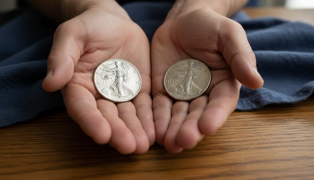 Hands holding American Silver Eagle coins showing tangible precious metals ownership
