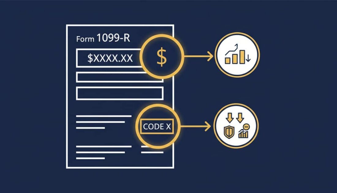 IRS Form 1099 R key fields Box 1 fair market value and Box 7 distribution code explained