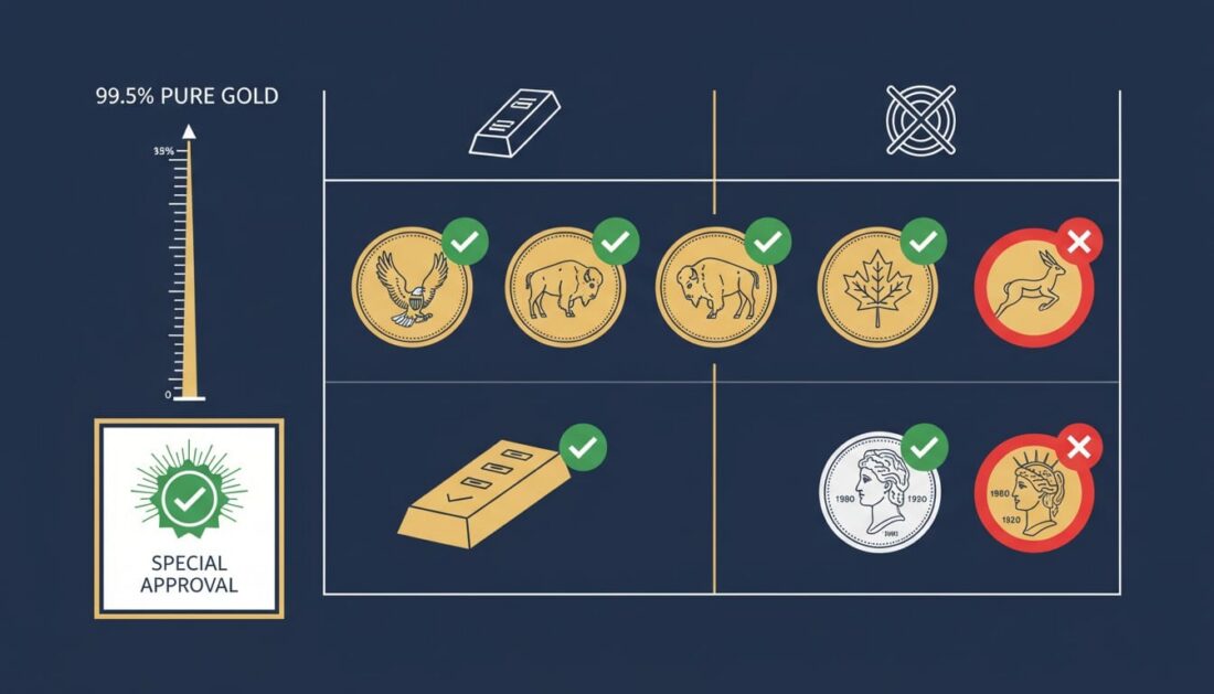 IRS gold IRA purity requirements showing 99.5 percent minimum rule and American Gold Eagle exception