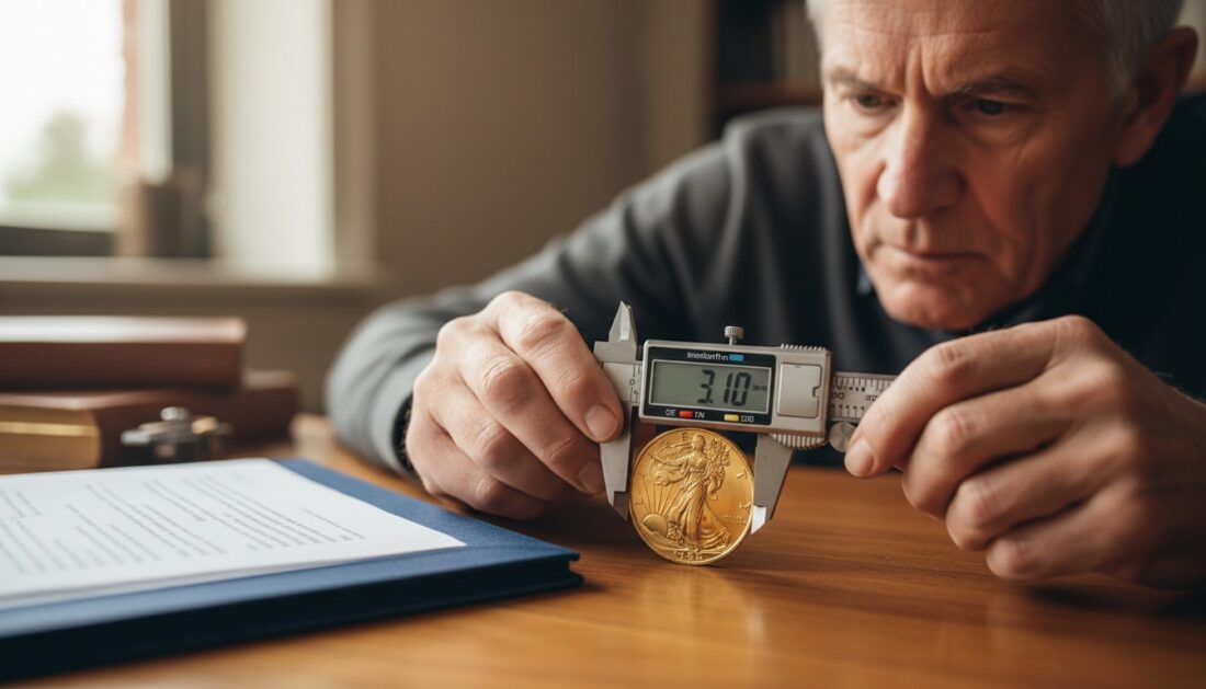 Man measuring gold coin dimensions with caliper for authenticity verification