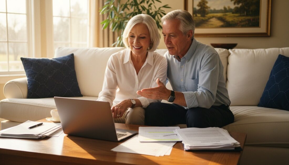 Retired couple evaluating financial advisor guidance on Gold IRA options