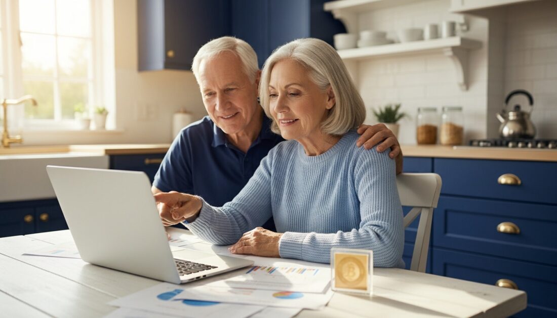Retired couple reviewing Gold IRA RMD paperwork at kitchen table