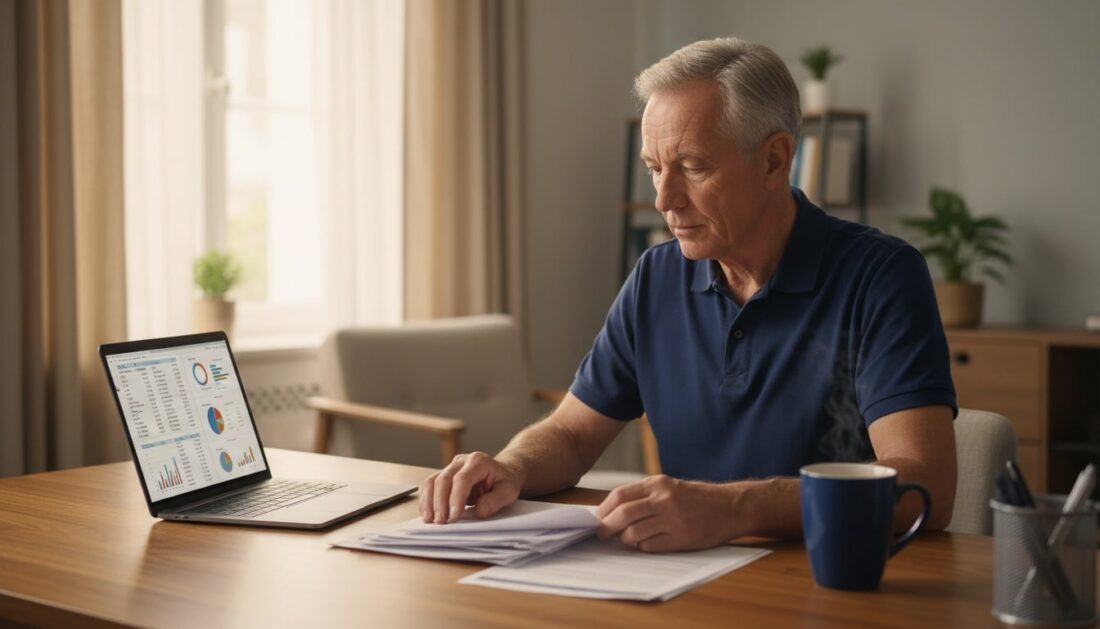 Retiree carefully reviewing gold IRA dealer documents at home office