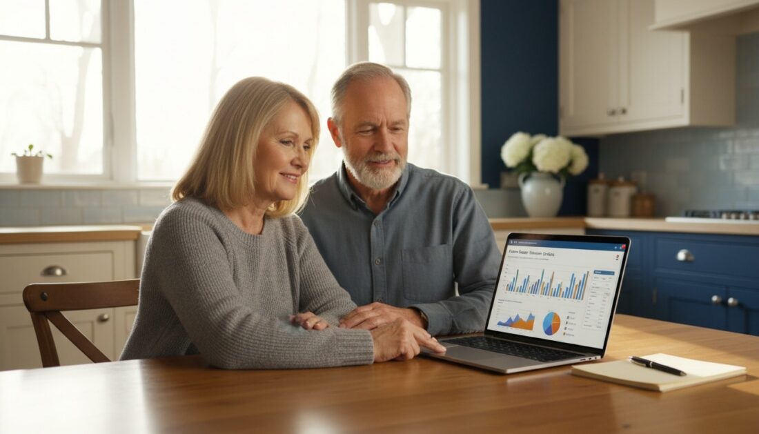 Retirement aged couple reviewing gold IRA funding options at kitchen table with laptop