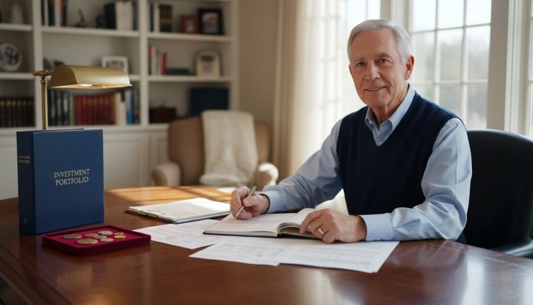 Retirement aged man reviewing Silver Eagle IRA documents at desk