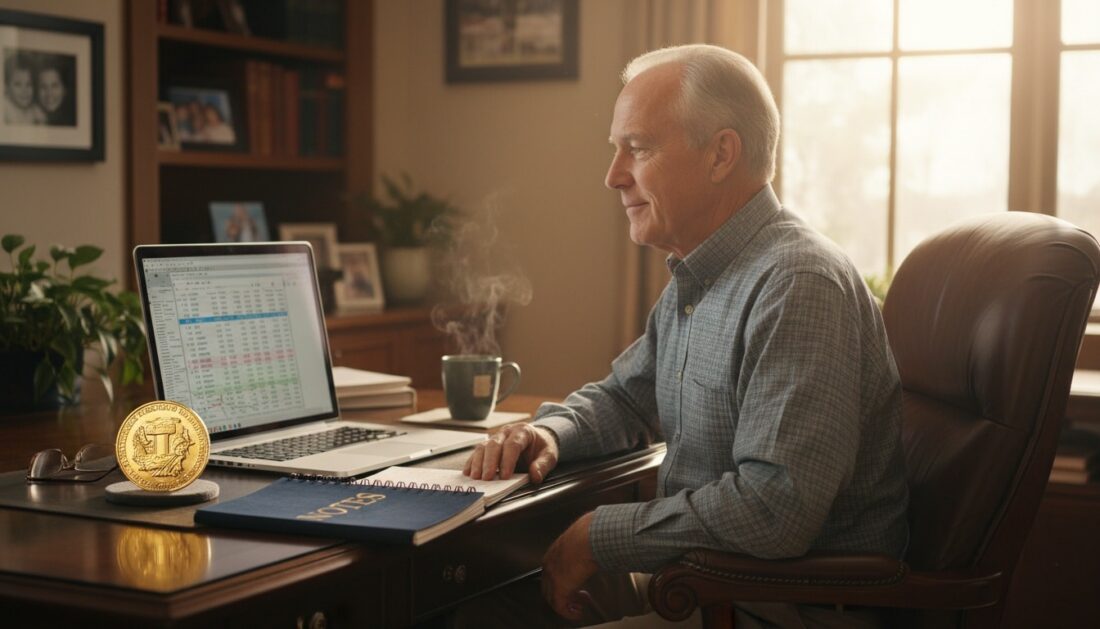 Retirement aged man reviewing gold IRA funding options on laptop in home office