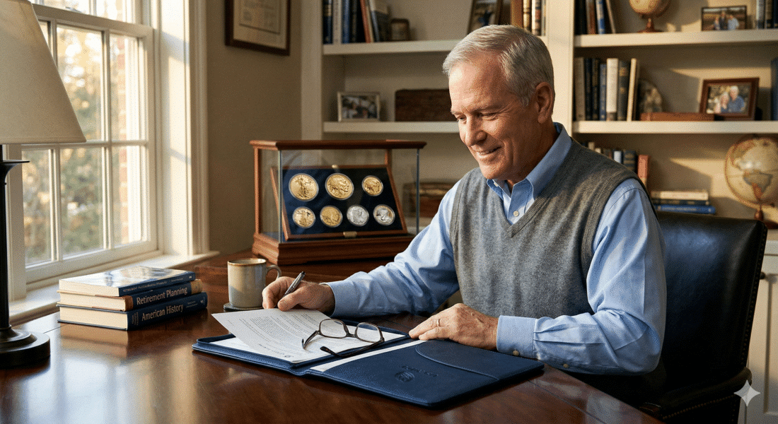 Retirement aged man reviewing gold coin options for IRA