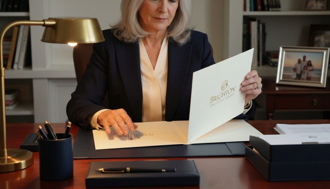Retirement aged woman reviewing gold IRA account documents at desk with family photo