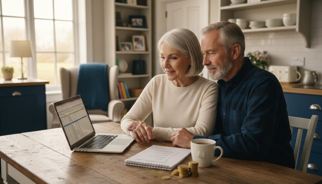 Retirement couple reviewing Gold IRA RMD checklist with gold coins on table