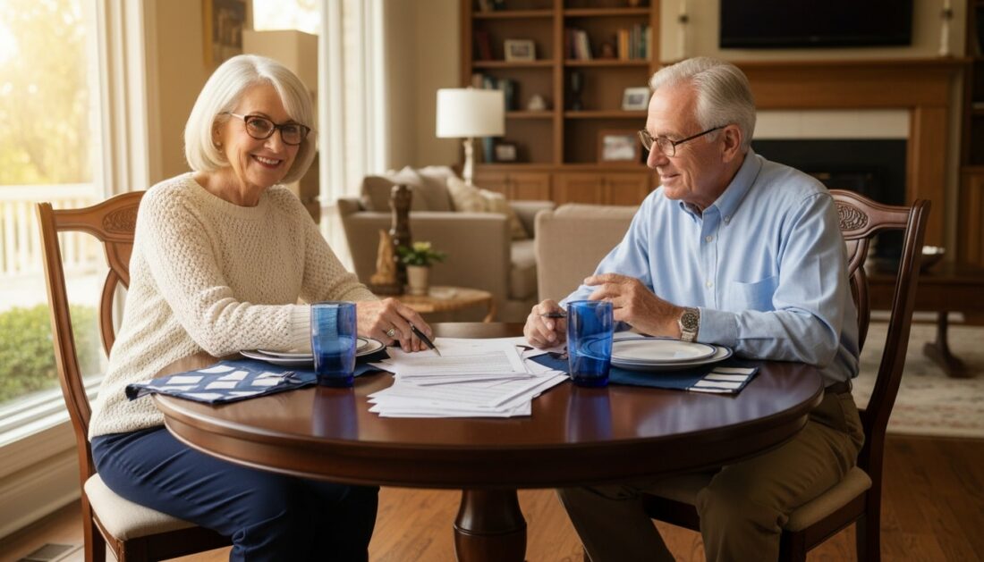 Retirement couple reviewing precious metals retirement strategy documents together