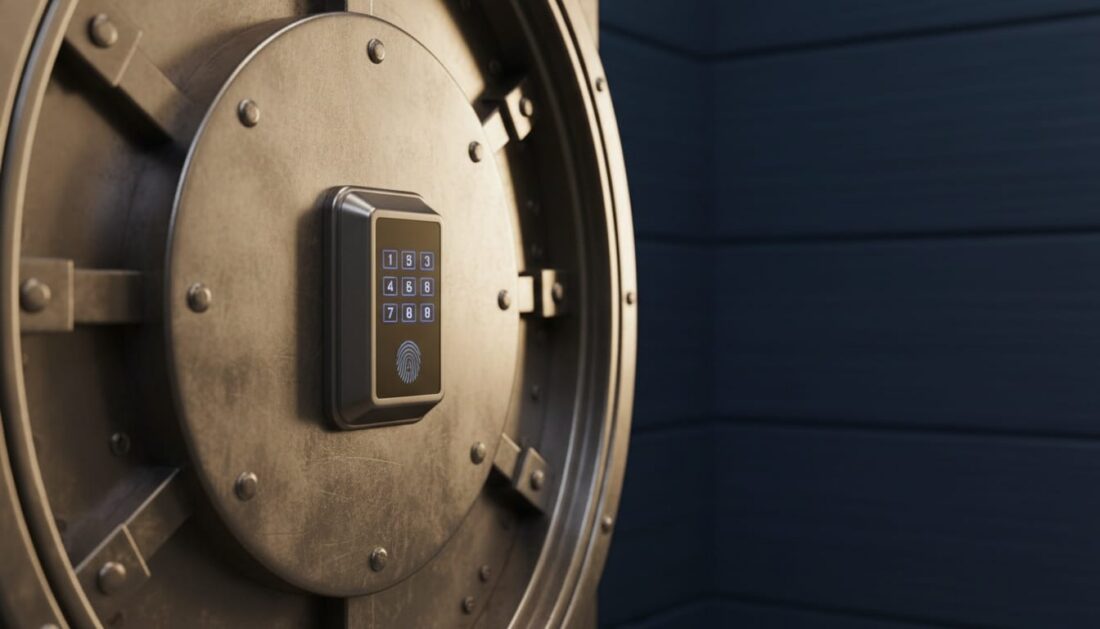 Secure steel vault door with digital keypad at an IRS approved depository