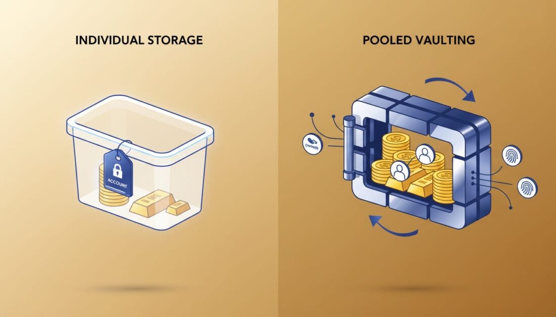 Side by side comparison of segregated labeled bin versus commingled pooled gold IRA storage