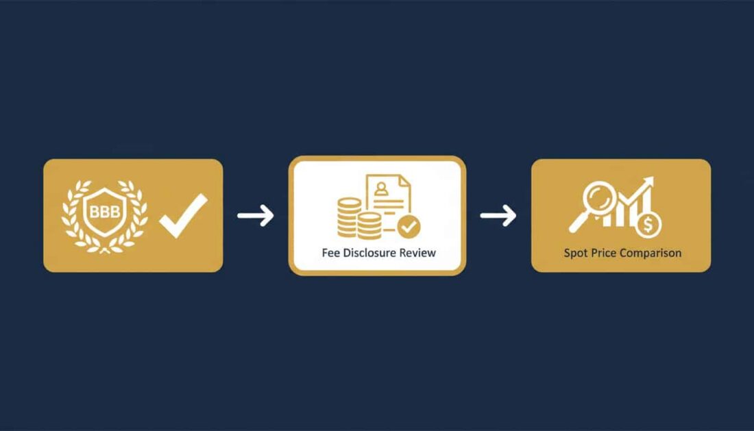 Three step Gold IRA company verification process infographic