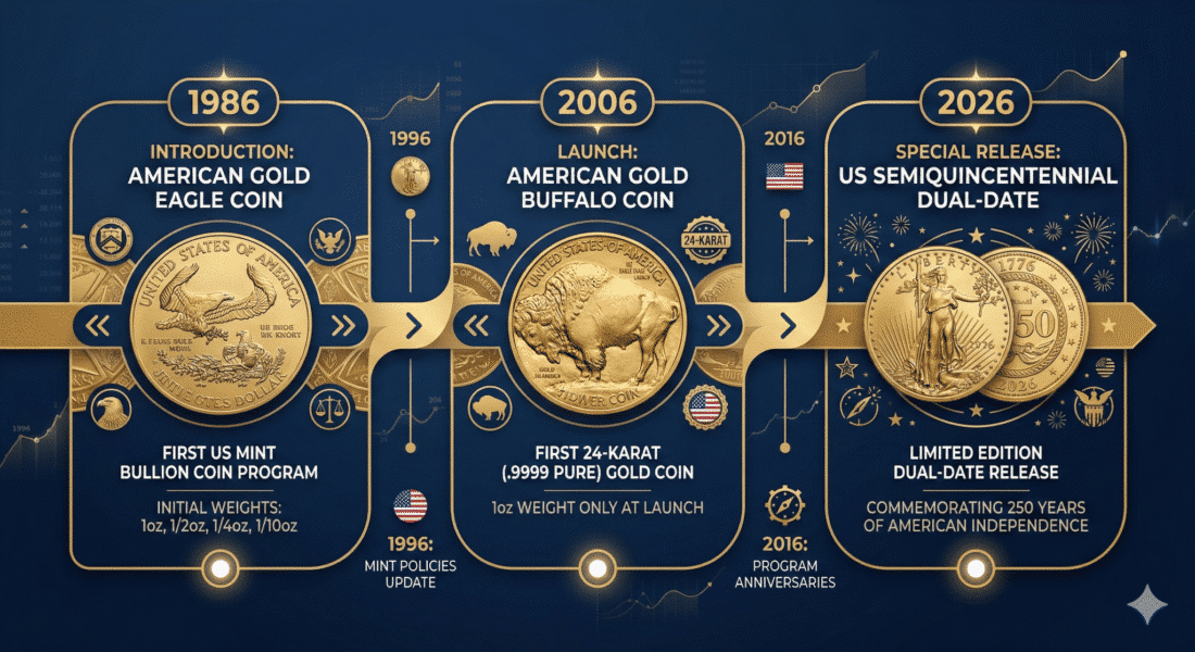Timeline of US gold coin history through 2026 Semiquincentennial