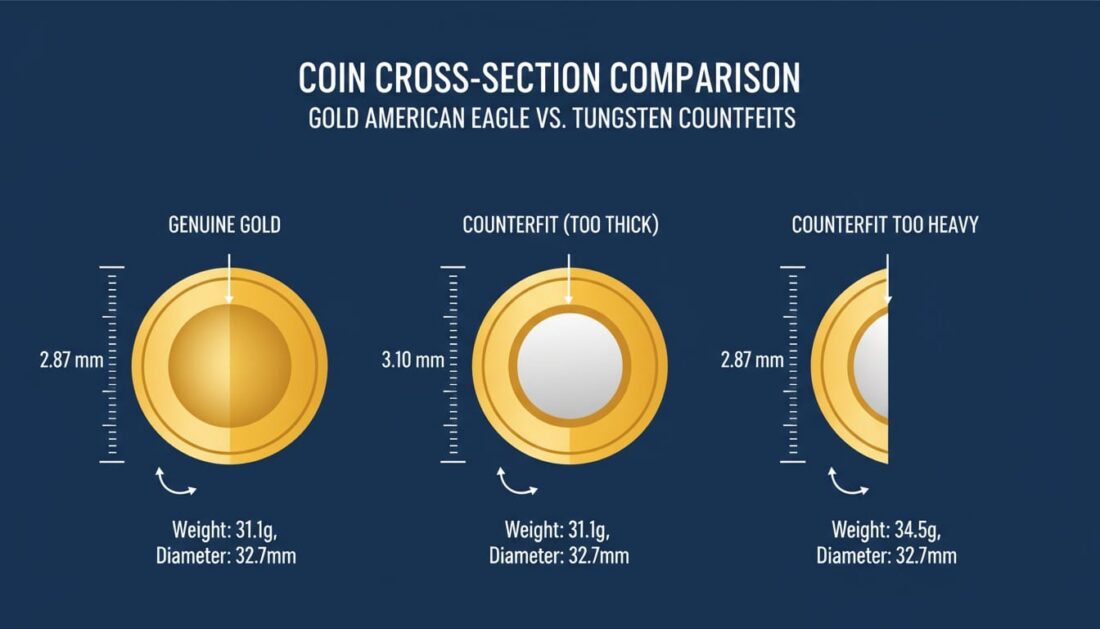 Tungsten counterfeit dimension compromise diagram showing weight versus size tradeoff