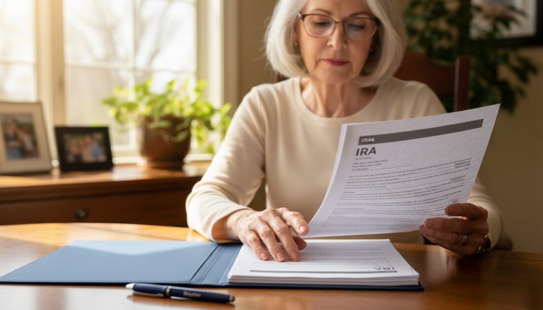Woman carefully reviewing gold IRA rollover paperwork at home desk