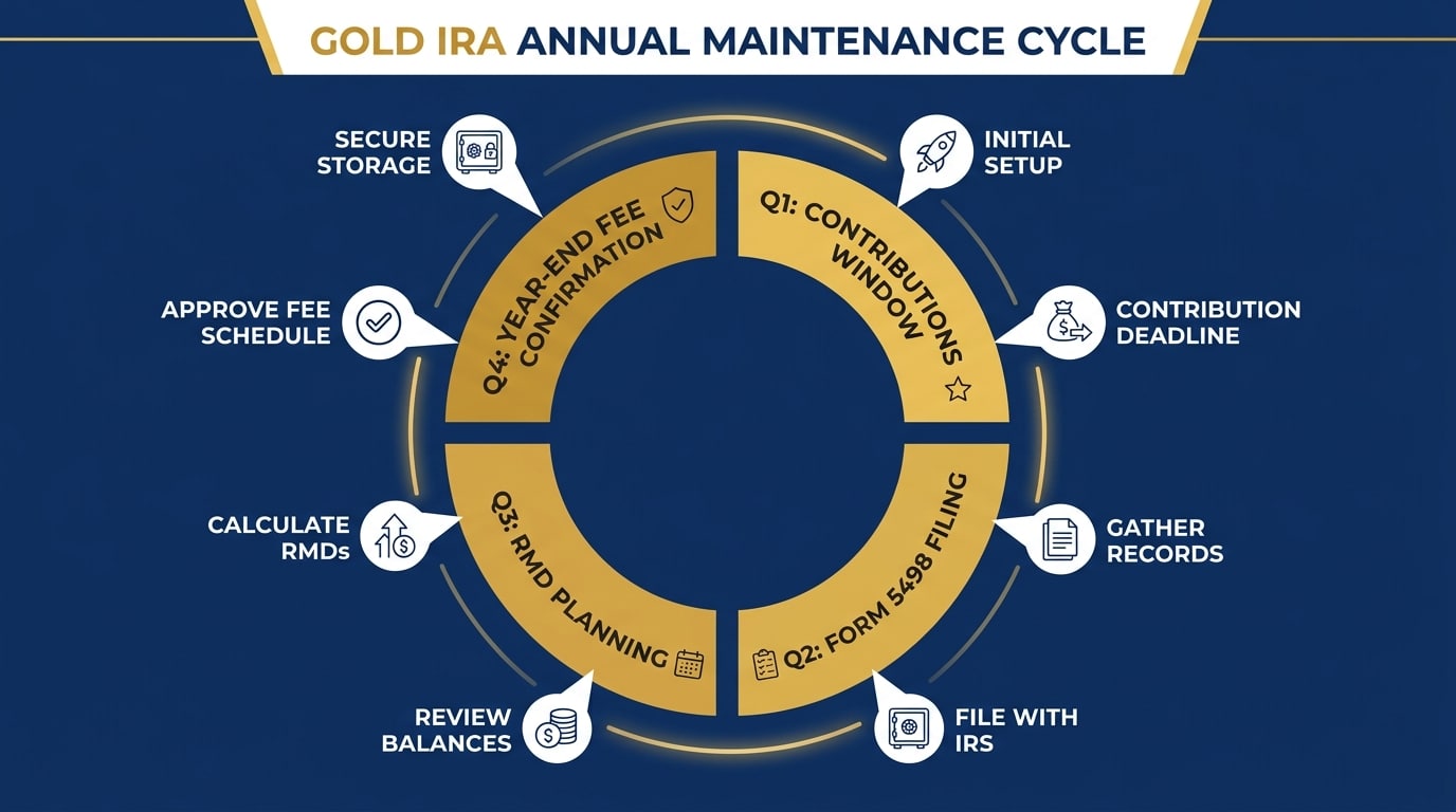 Annual gold IRA compliance cycle calendar showing quarterly maintenance milestones