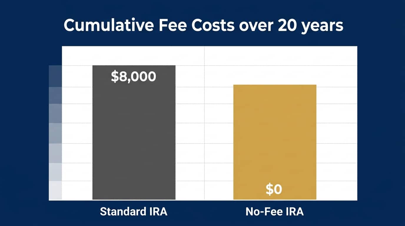 Gold IRA fee comparison chart showing standard model versus no fee IRA cumulative costs over 20 years