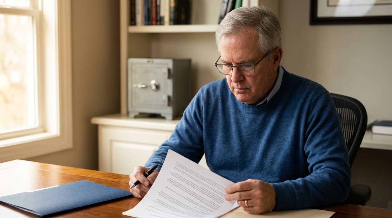 Retirement-aged American man reviewing IRS tax court document at home office desk