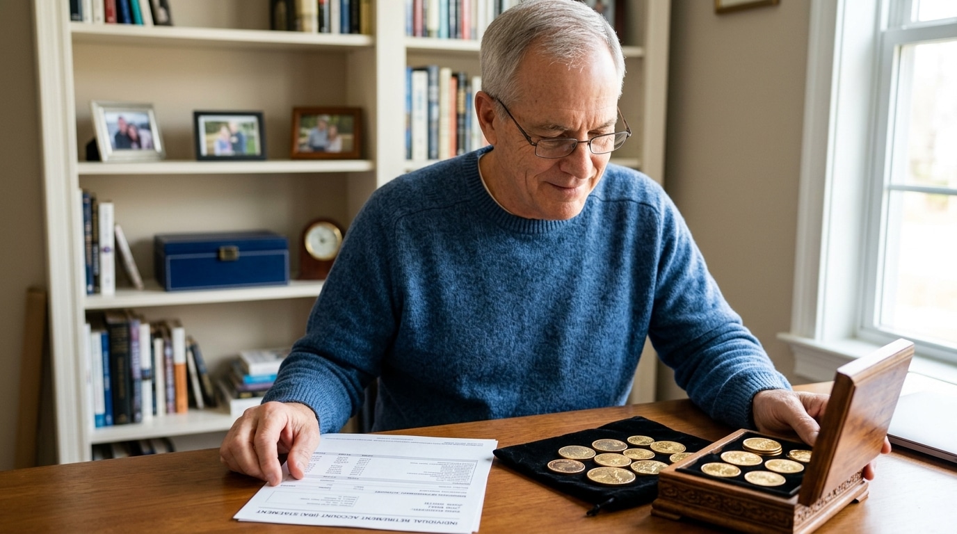 Retirement-aged American reviewing Gold IRA and physical gold options at home desk