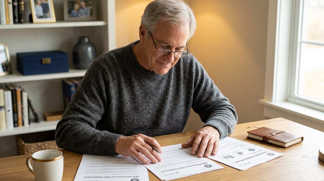 Retirement aged man reviewing Gold IRA custodian documents at wooden desk