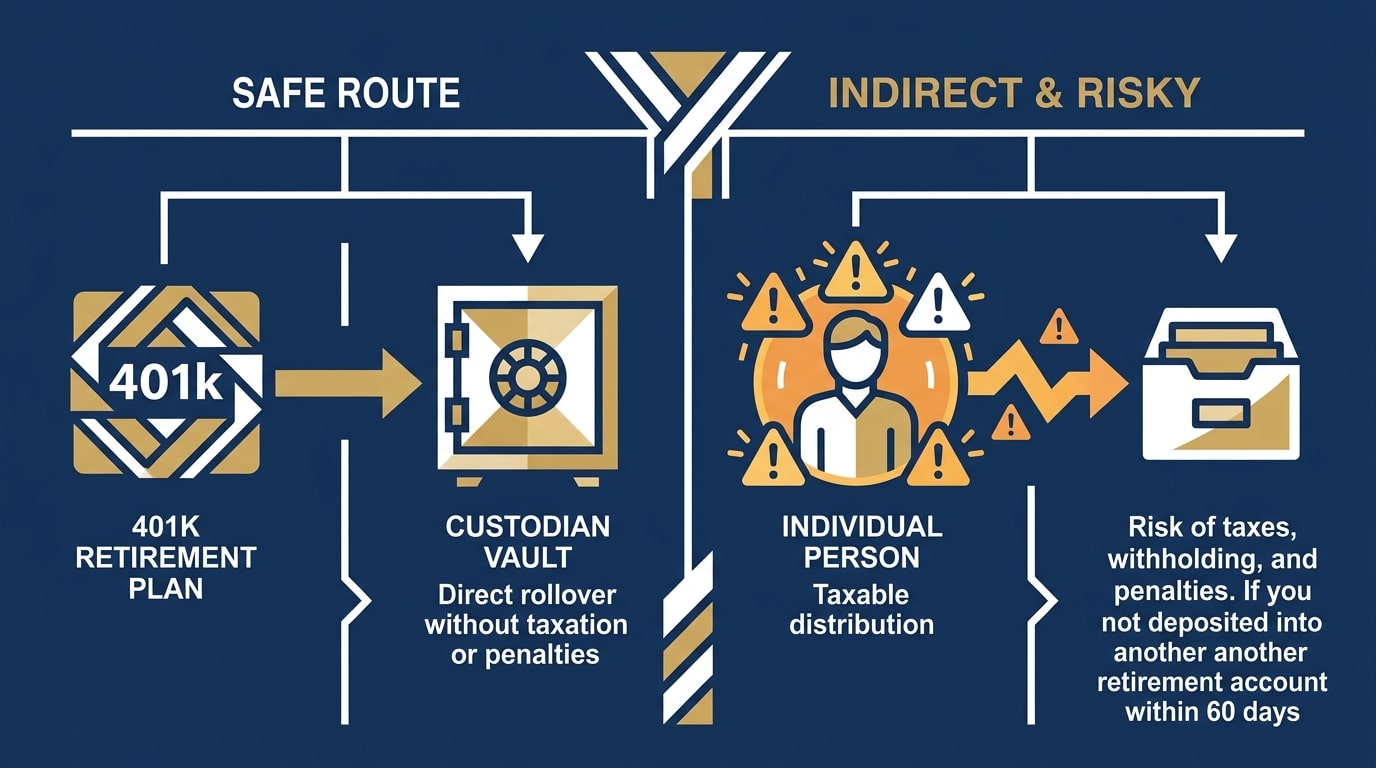 Two path comparison showing direct rollover versus indirect rollover for a 401k to Gold IRA transfer