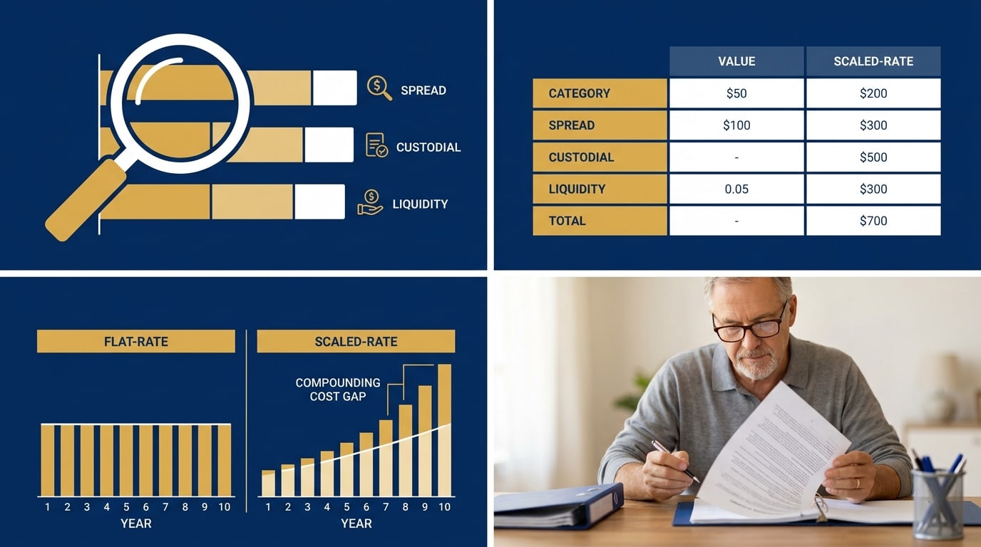 gold IRA hidden fee layers breakdown showing spread custodial surcharges and liquidity fees