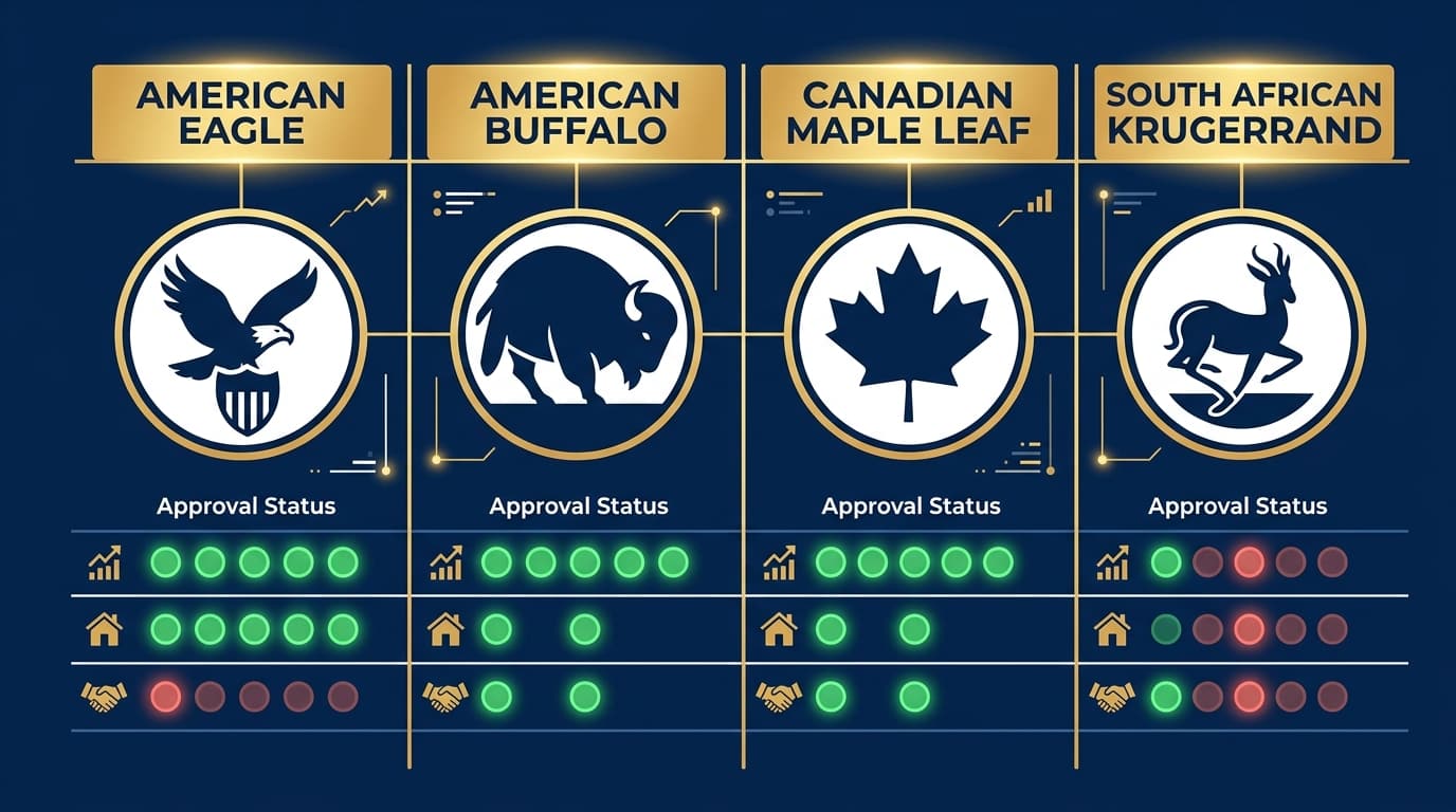 Comparison of IRA approved gold coins including Eagle Buffalo and Maple Leaf versus non-approved Krugerrand