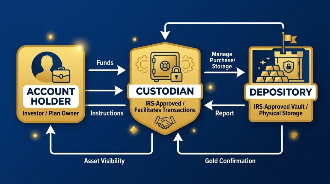 Diagram showing three-entity structure of Gold IRA account holder custodian and depository