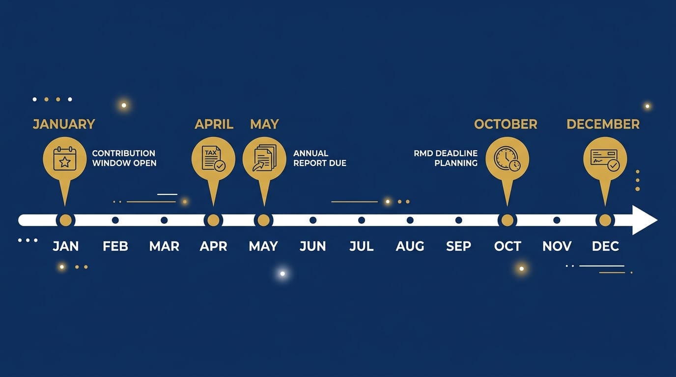 Gold IRA annual maintenance timeline showing key compliance dates from January through December