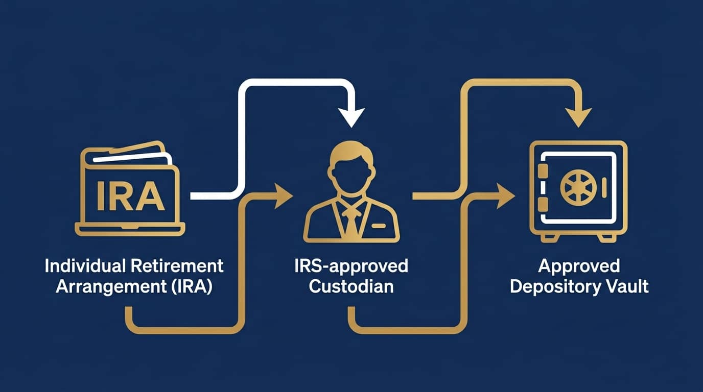 Gold IRA custodian chain diagram showing approved depository flow and IRS requirements