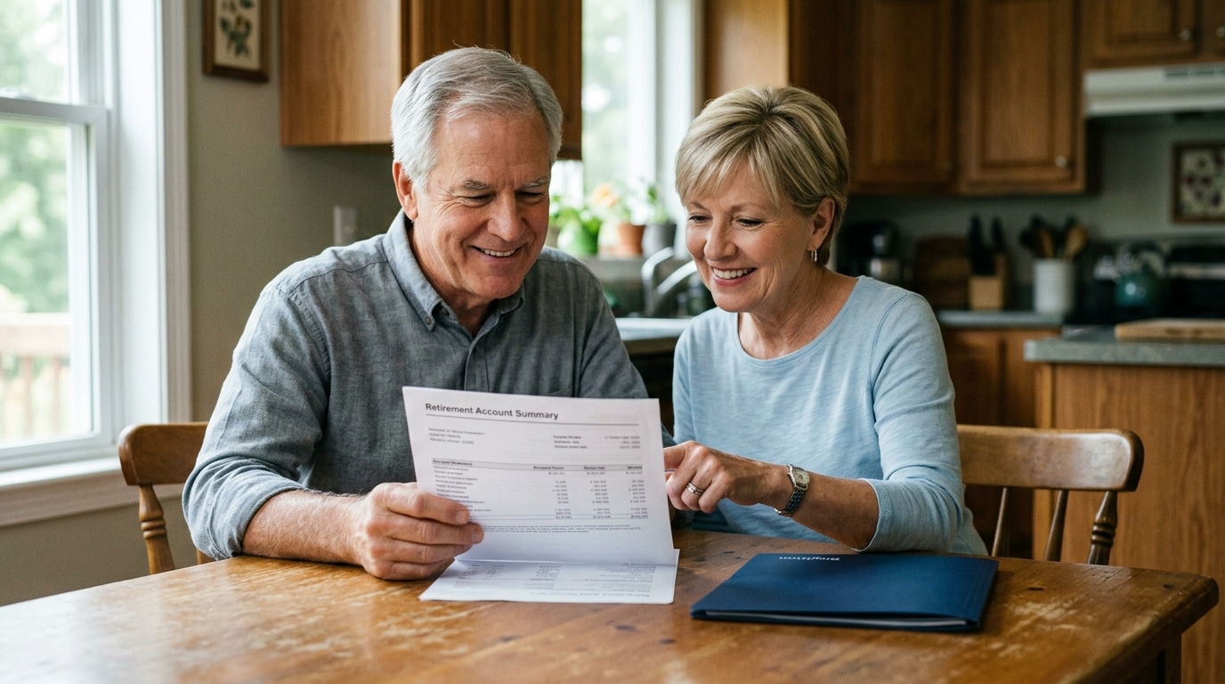 Retired couple reviewing no fee precious metals IRA account statement at home