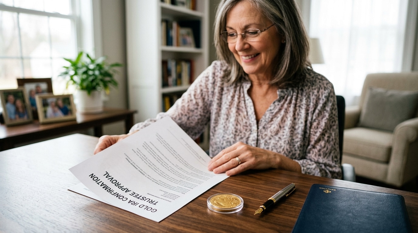 Retirement aged woman reviewing Gold IRA rollover confirmation letter at home desk beside a Gold American Buffalo coin