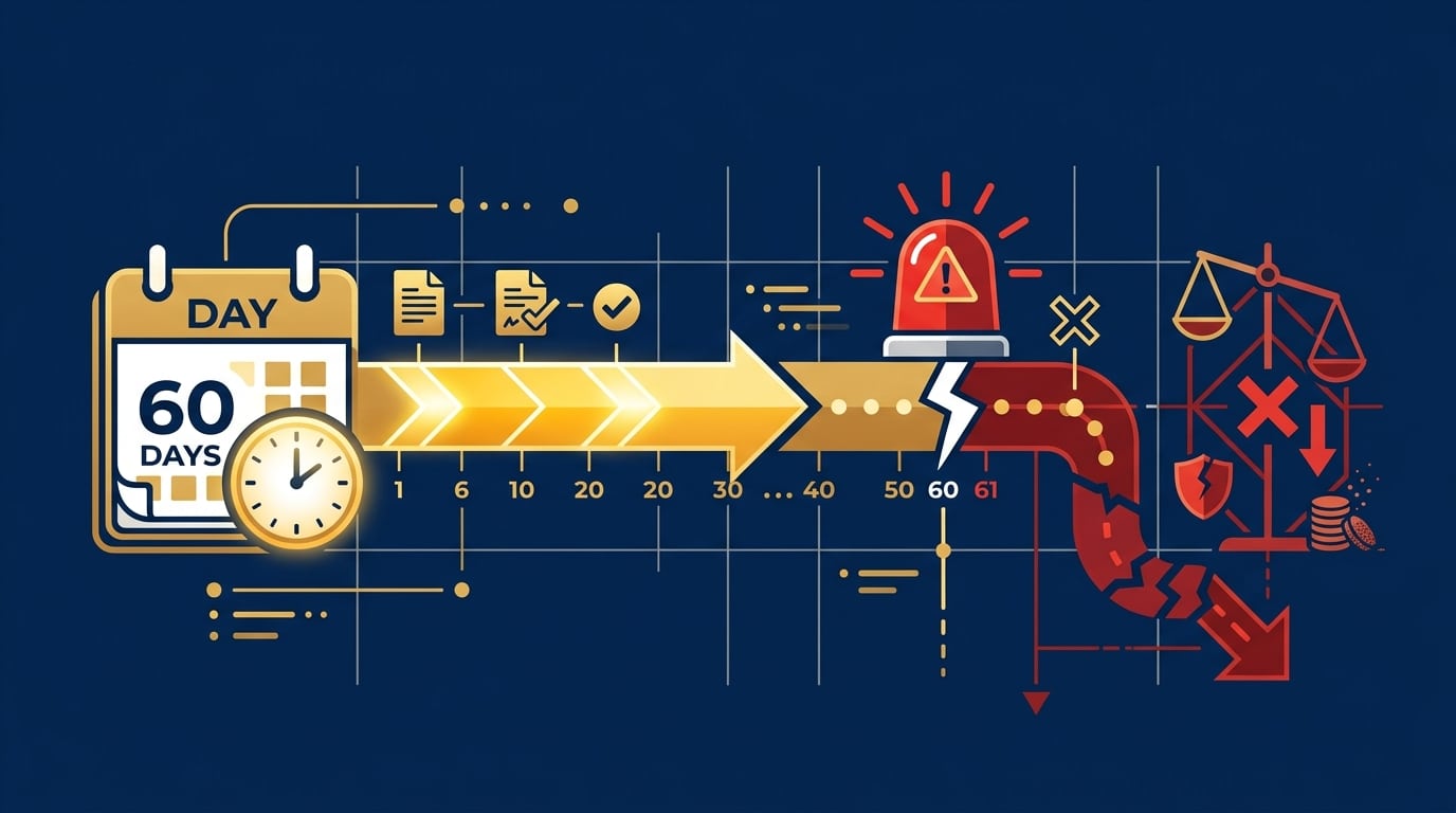 60-day indirect rollover deadline timeline showing penalty consequences for missed window