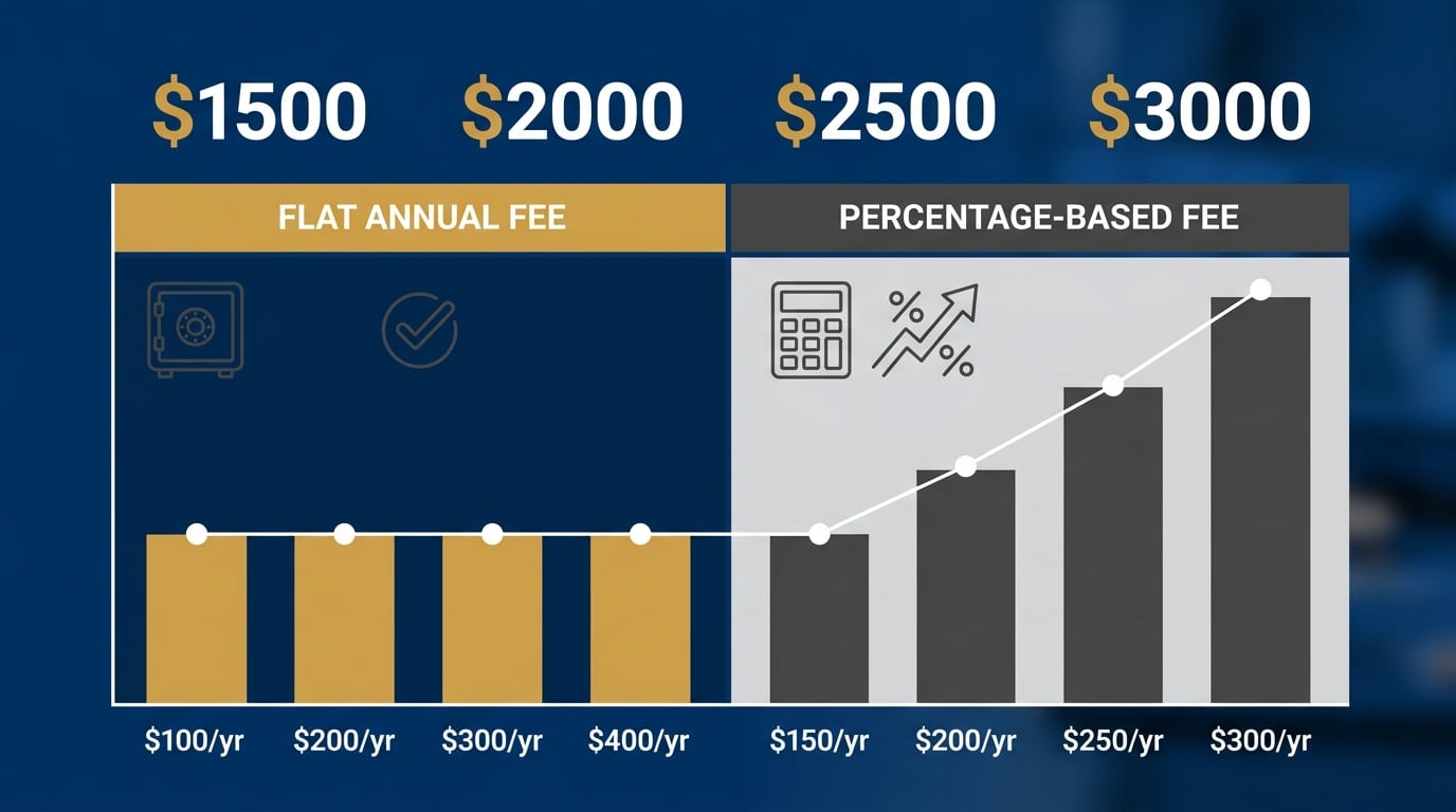 Flat fee versus percentage-based gold IRA storage fee comparison chart over rising gold prices