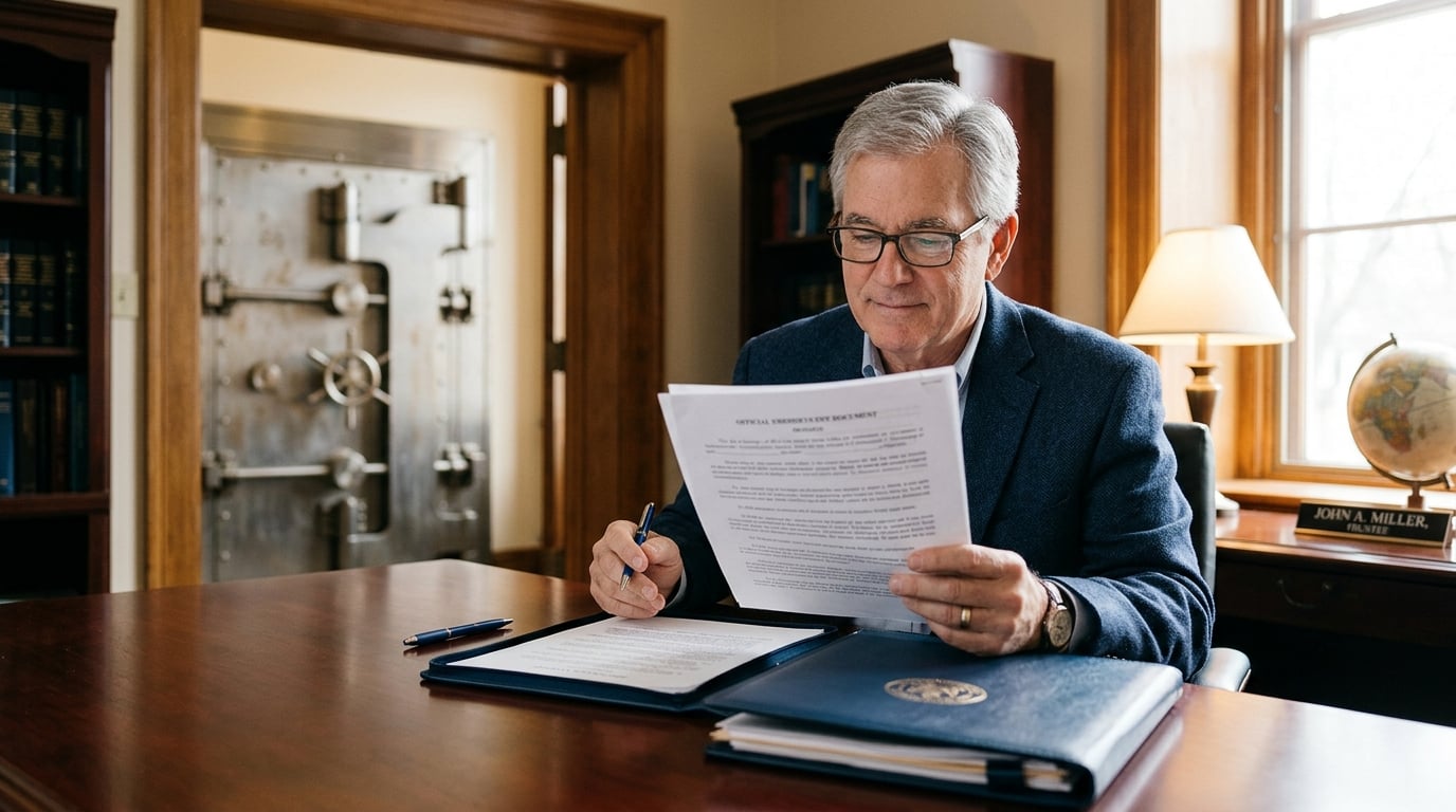 Retirement-aged owner reviewing gold IRA custodian documents at office desk