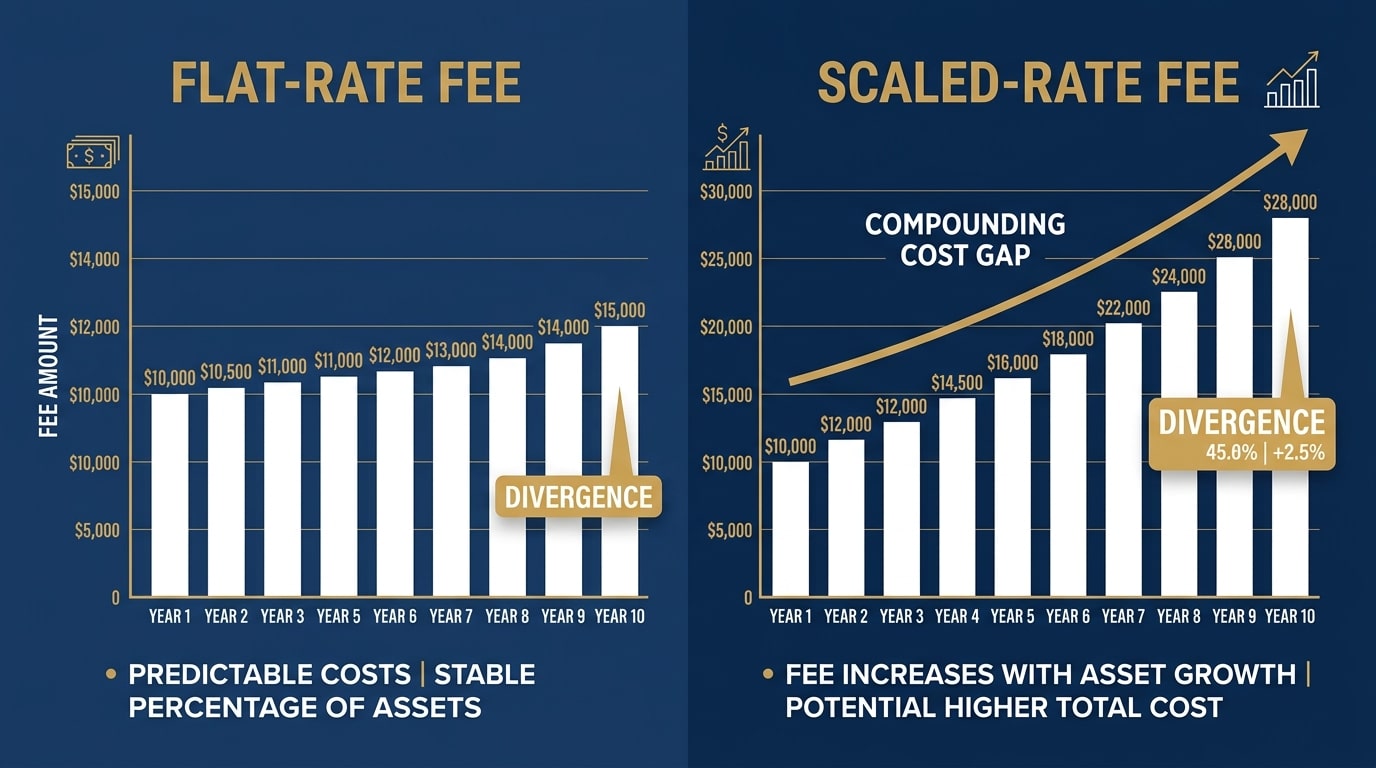 flat rate versus scaled rate gold IRA custodian fee comparison chart over ten year holding period