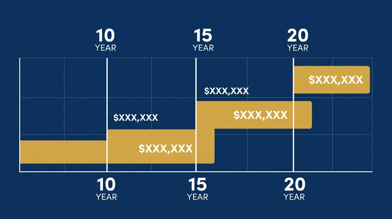 Timeline chart showing retained fee savings at 10 15 and 20 years with no fee IRA