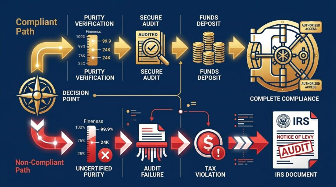 Compliant versus non-compliant gold IRA storage path diagram with consequences
