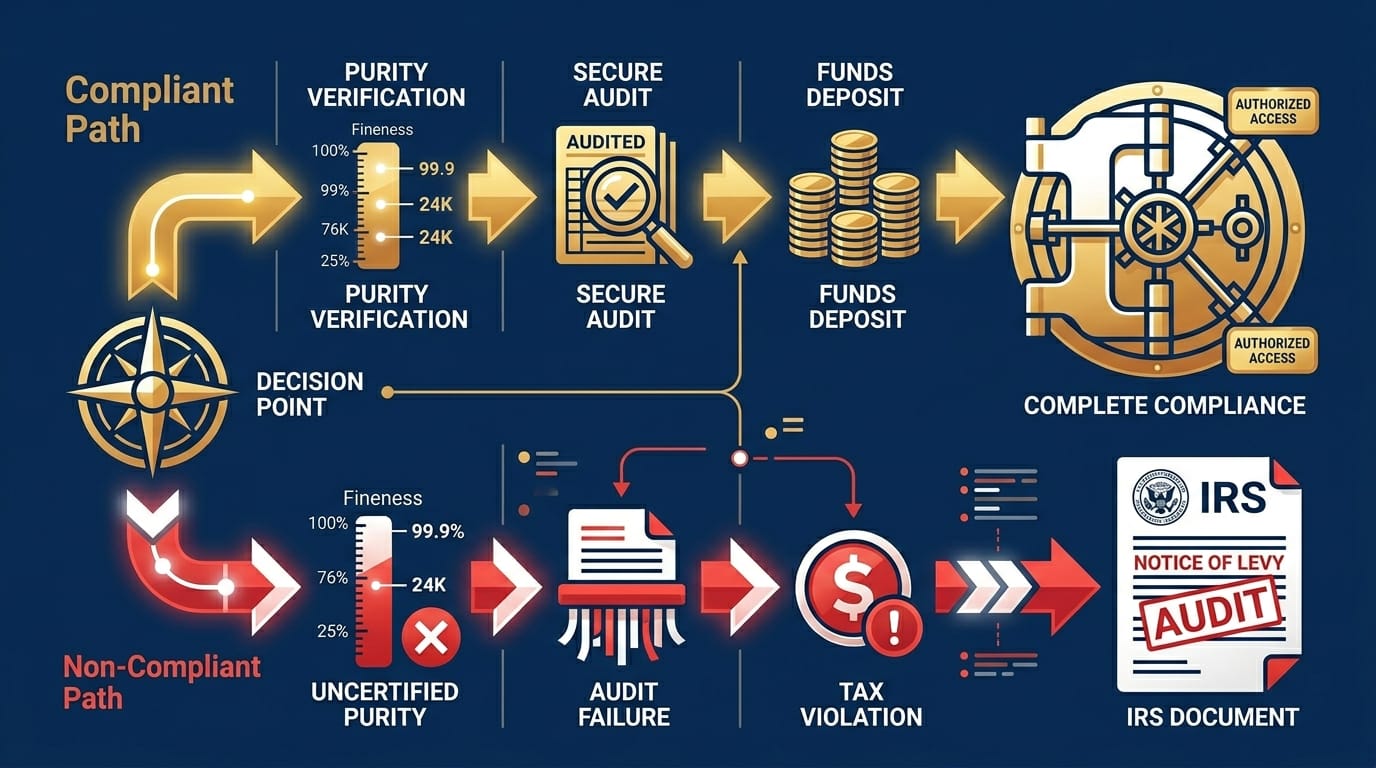Compliant versus non-compliant gold IRA storage path diagram with consequences